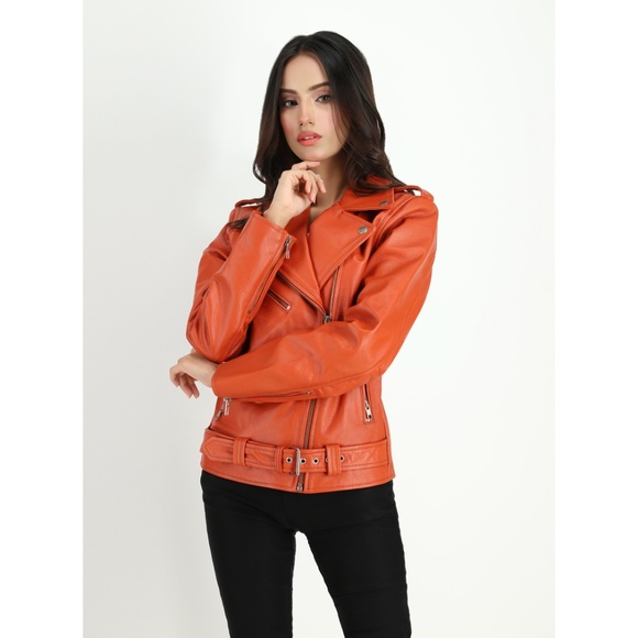 Women's Moto Style Cowhide Orange Leather Jacket - Picture 4 of 6